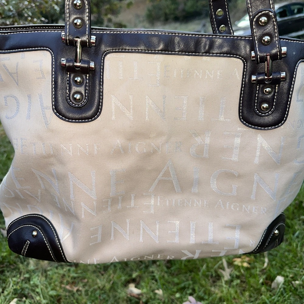 Etienne Aigner Large Satchel Handbag Beige Tote Shoulder Bag Leather Trim‎